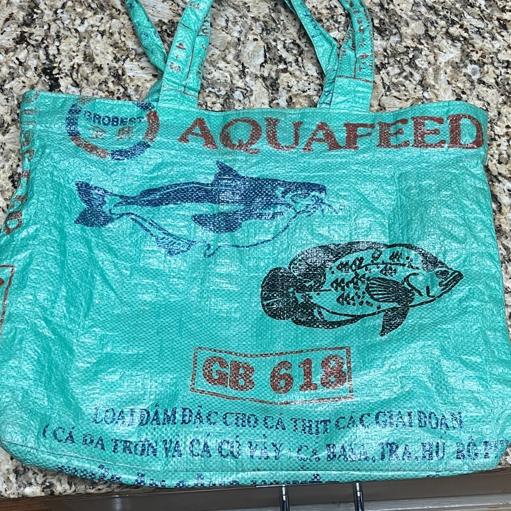 Gecko Traders Recycled Materials Aqua Blue Fish Print Tote Bag